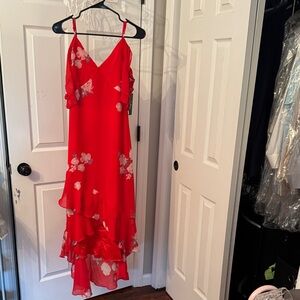 Lulu's Red Floral High-Low Slip Dress